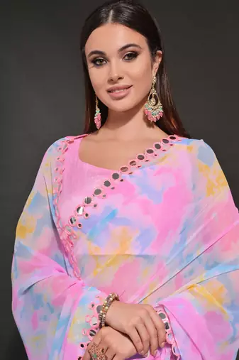 Light Pink Georgette Prizam Print Mirror Work Saree
