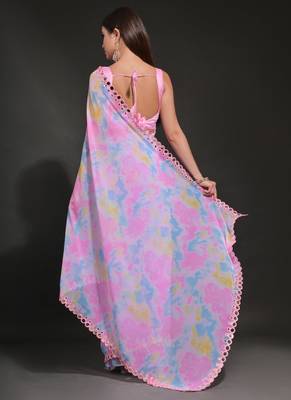 Light Pink Georgette Prizam Print Mirror Work Saree 5