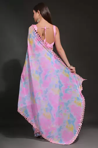 Light Pink Georgette Prizam Print Mirror Work Saree