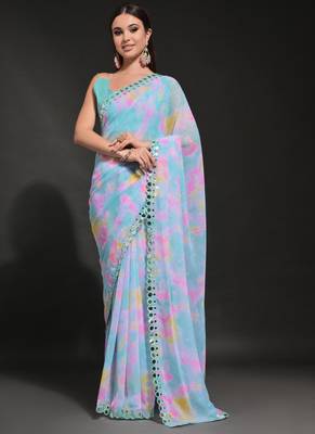 Light Blue Georgette Prizam Print Mirror Work Saree 1