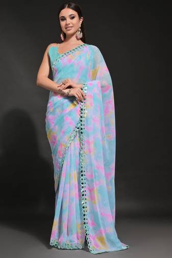 Light Blue Georgette Prizam Print Mirror Work Saree