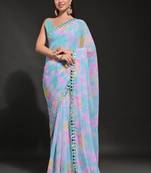 Light Blue Georgette Prizam Print Mirror Work Saree