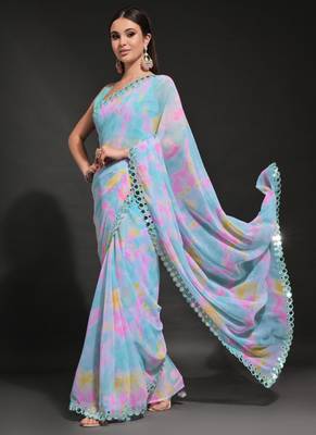 Light Blue Georgette Prizam Print Mirror Work Saree 3