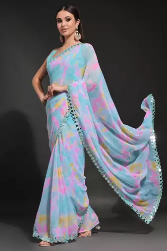 Light Blue Georgette Prizam Print Mirror Work Saree