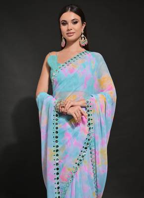 Light Blue Georgette Prizam Print Mirror Work Saree 4