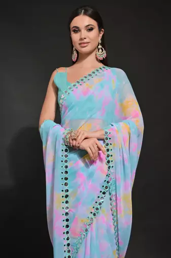 Light Blue Georgette Prizam Print Mirror Work Saree