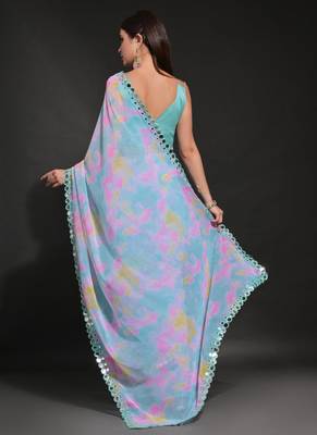 Light Blue Georgette Prizam Print Mirror Work Saree 5