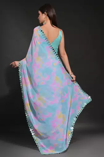 Light Blue Georgette Prizam Print Mirror Work Saree