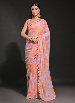Orange Georgette Prizam Print Mirror Work Saree 1