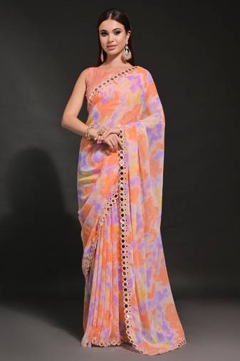 Orange Georgette Prizam Print Mirror Work Saree