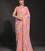 Orange Georgette Prizam Print Mirror Work Saree