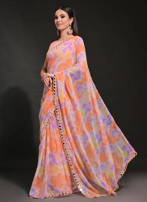 Orange Georgette Prizam Print Mirror Work Saree 3