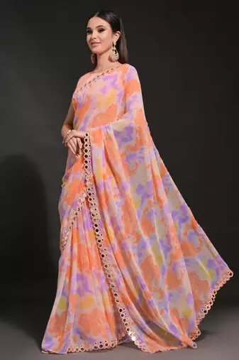 Orange Georgette Prizam Print Mirror Work Saree