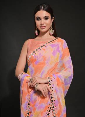 Orange Georgette Prizam Print Mirror Work Saree 4