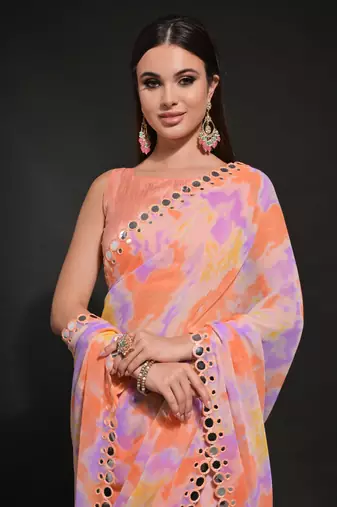 Orange Georgette Prizam Print Mirror Work Saree