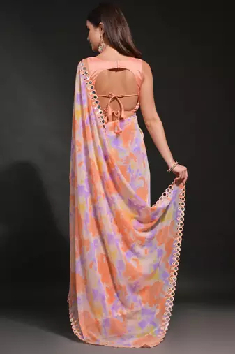 Orange Georgette Prizam Print Mirror Work Saree