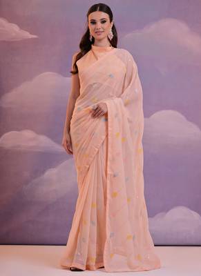 Light Peach Soft Georgette Sequence Work Saree 1