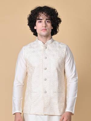 Maahi fabs mens floral sequence embroidery cotton blend stylish handcrafted cream nehru jacket for festive & party wear 1