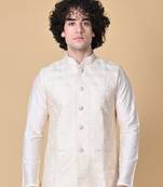 Maahi fabs mens floral sequence embroidery cotton blend stylish handcrafted cream nehru jacket for festive & party wear