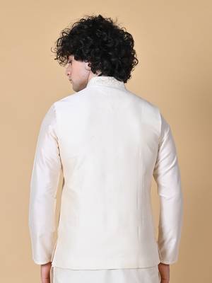 Maahi fabs mens floral sequence embroidery cotton blend stylish handcrafted cream nehru jacket for festive & party wear 2