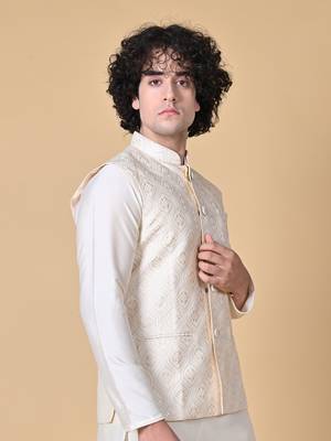 Maahi fabs mens floral sequence embroidery cotton blend stylish handcrafted cream nehru jacket for festive & party wear 4