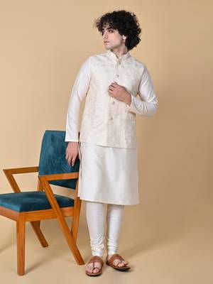Maahi fabs mens floral sequence embroidery cotton blend stylish handcrafted cream nehru jacket for festive & party wear 5