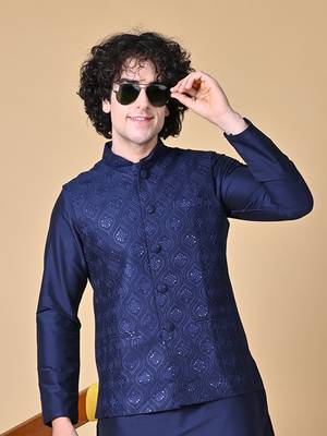 Maahi fabs mens floral sequence embroidery cotton blend stylish handcrafted blue nehru jacket for festive & party wear 1