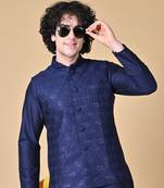 Maahi fabs mens floral sequence embroidery cotton blend stylish handcrafted blue nehru jacket for festive & party wear