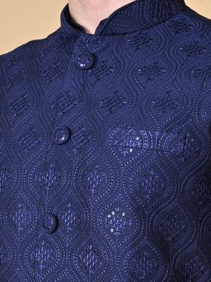 Maahi fabs mens floral sequence embroidery cotton blend stylish handcrafted blue nehru jacket for festive & party wear 3