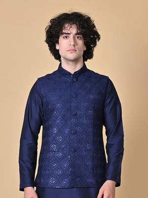 Maahi fabs mens floral sequence embroidery cotton blend stylish handcrafted blue nehru jacket for festive & party wear 4