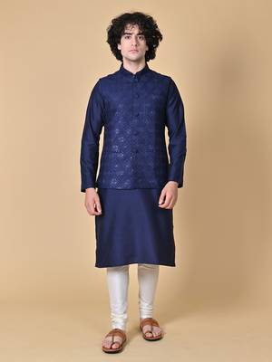 Maahi fabs mens floral sequence embroidery cotton blend stylish handcrafted blue nehru jacket for festive & party wear 5