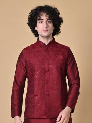 Maahi fabs mens floral sequence embroidery cotton blend stylish handcrafted maroon nehru jacket for festive & party wear 1