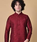 Maahi fabs mens floral sequence embroidery cotton blend stylish handcrafted maroon nehru jacket for festive & party wear