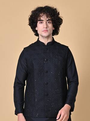 Maahi fabs mens floral sequence embroidery cotton blend stylish handcrafted black nehru jacket for festive & party wear 1