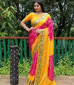 Women Pink Bandhej Printed Silk And Bandhni Type Zari Weaving With Rich Pallu Saree With Blouse For Women