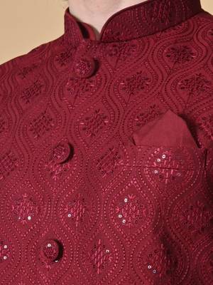 Maahi fabs mens floral sequence embroidery cotton blend stylish handcrafted maroon nehru jacket for festive & party wear 3