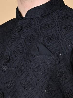 Maahi fabs mens floral sequence embroidery cotton blend stylish handcrafted black nehru jacket for festive & party wear 3