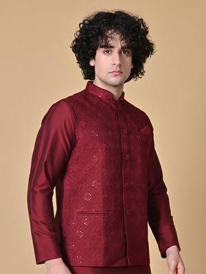 Maahi fabs mens floral sequence embroidery cotton blend stylish handcrafted maroon nehru jacket for festive & party wear 4