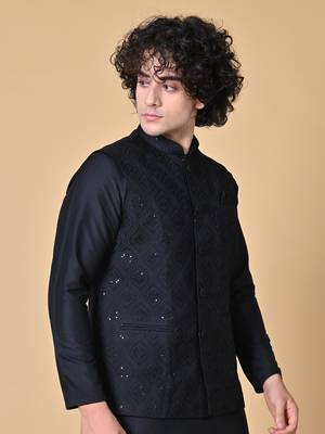 Maahi fabs mens floral sequence embroidery cotton blend stylish handcrafted black nehru jacket for festive & party wear 4
