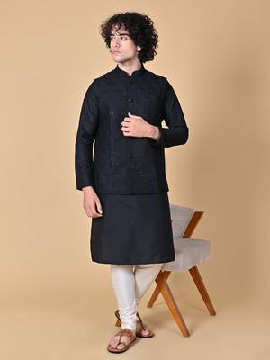 Maahi fabs mens floral sequence embroidery cotton blend stylish handcrafted black nehru jacket for festive & party wear 5