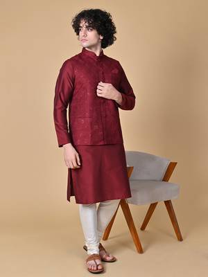 Maahi fabs mens floral sequence embroidery cotton blend stylish handcrafted maroon nehru jacket for festive & party wear 5