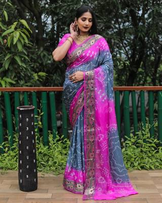 Women Grey Bandhej Printed Silk And Bandhni Type Zari Weaving With Rich Pallu Saree With Blouse For Women 1
