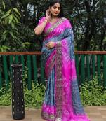 Women Grey Bandhej Printed Silk And Bandhni Type Zari Weaving With Rich Pallu Saree With Blouse For Women