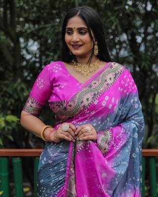 Women Grey Bandhej Printed Silk And Bandhni Type Zari Weaving With Rich Pallu Saree With Blouse For Women 2