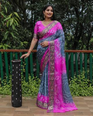 Women Grey Bandhej Printed Silk And Bandhni Type Zari Weaving With Rich Pallu Saree With Blouse For Women 3