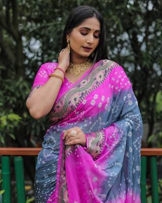 Women Grey Bandhej Printed Silk And Bandhni Type Zari Weaving With Rich Pallu Saree With Blouse For Women 4