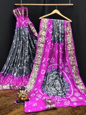 Women Grey Bandhej Printed Silk And Bandhni Type Zari Weaving With Rich Pallu Saree With Blouse For Women 5