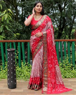 Women Coral Bandhej Printed Silk And Bandhni Type Zari Weaving With Rich Pallu Saree With Blouse For Women 1