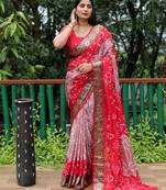 Women Coral Bandhej Printed Silk And Bandhni Type Zari Weaving With Rich Pallu Saree With Blouse For Women