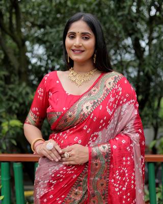 Women Coral Bandhej Printed Silk And Bandhni Type Zari Weaving With Rich Pallu Saree With Blouse For Women 2